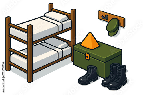 Inspection Ready Bunk. Isometric vector illustration set Inspection Ready Bunk Area: perfectly aligned bunk bed, pristine white