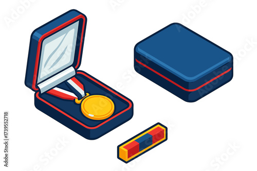 Medal Case Display. Isometric vector illustration set Medal Case and Storage: open medal box with ribbon looped inside,