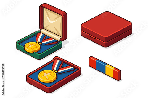 Medal Case Display. Isometric vector illustration set Medal Case and Storage: open medal box with ribbon looped inside,