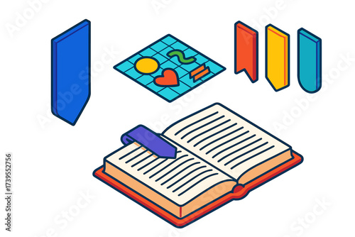 Vibrant Bookmark Design Kit. Isometric vector illustration set Custom Bookmark Design Kit: plain bookmark with pattern tools,