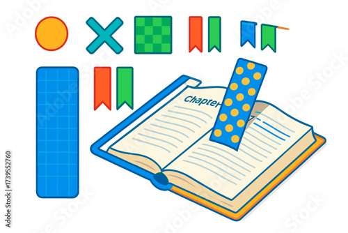 Vibrant Bookmark Design Kit. Isometric vector illustration set Custom Bookmark Design Kit: plain bookmark with pattern tools,