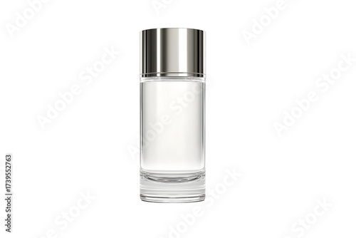 Elegant minimalist clear liquid bottle with sleek silver cap, perfect for modern skincare or luxury beverage branding