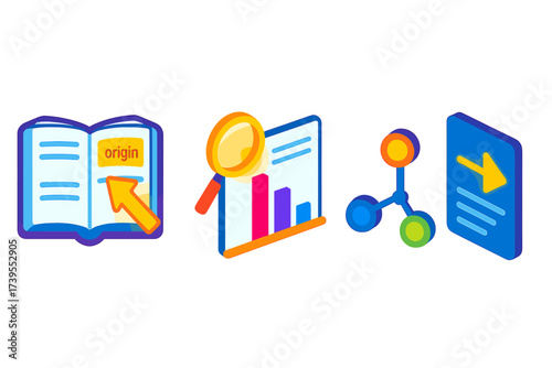 Isometric Etymology Tools. Isometric vector illustration set Etymology and Usage Tools: dictionary with origin section highlighted