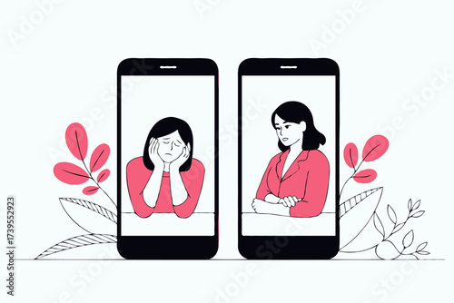 Illustration of two women talking via smartphones, one sad and one concerned, minimal style, white background, concept of emotional support