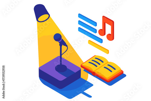 Spoken Word Stage. Isometric vector illustration set Spoken Word Performance: raised platform with microphone, open poetry book