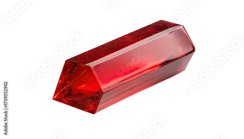 A faceted, translucent, red crystal with a rectangular shape and sharp angles, isolated on black