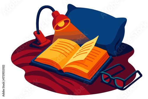 Pillowside Reading Serenity. Isometric vector illustration set Pillowside Reading Moment: book with page turned mid-sentence, soft
