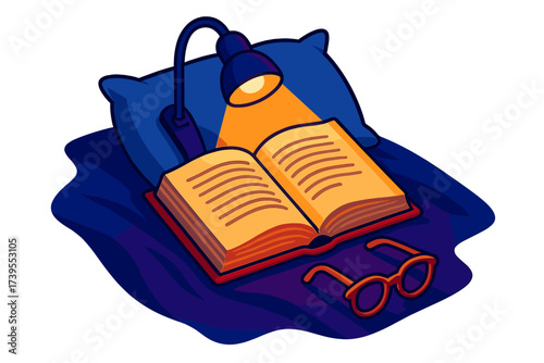 Pillowside Reading Serenity. Isometric vector illustration set Pillowside Reading Moment: book with page turned mid-sentence, soft