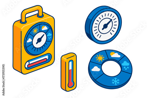 Portable Weather Station. Isometric vector illustration set Portable Weather Station: compact barometer device with pressure gauge