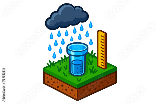 Rain Gauge Illustration. Isometric vector illustration set Precipitation Measurement Scene: rain gauge placed in garden patch,