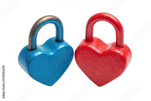 Two heart-shaped padlocks, one blue and one red, arranged close together