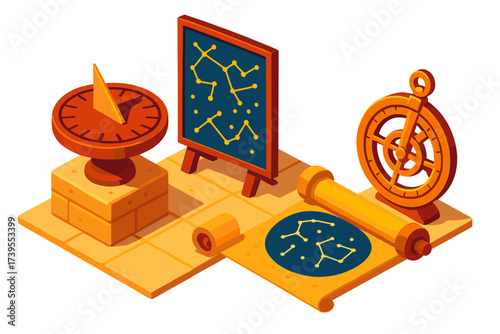 Ancient Astronomical Instruments. Isometric vector illustration set Ancient Astronomy and Timekeeping: sundial beside star chart