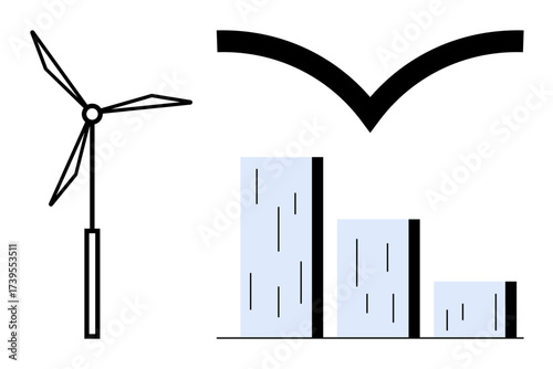 Wind turbine next to bar graph and bird silhouette representing renewable energy, clean technology, nature conservation, green growth, environmental progress, sustainability goals, and eco-awareness