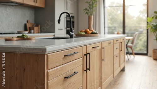 Modern kitchen features light brown wooden cabinets. Island black handles, white countertop. Cooking space includes sink faucet, decor plant. Interior of bright apartment shows minimalistic design