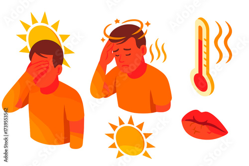 Sunstroke Warning Icons. Isometric vector illustration set Sunstroke Warning Set: person shielding face from sun, dizziness swirl