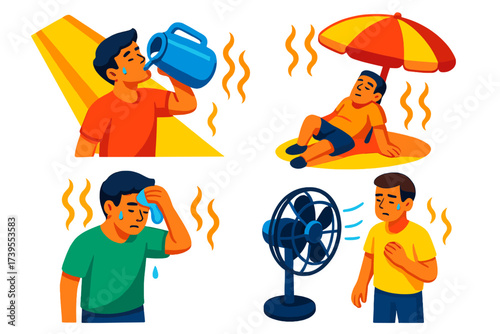 Heatwave Survival Tips. Isometric vector illustration set Heatwave Survival Actions: drinking water from jug, resting in shade