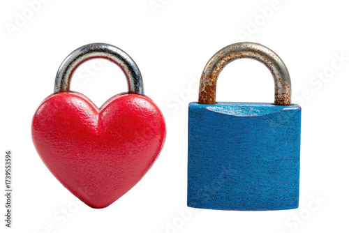 Two padlocks on a transparent background one heart-shaped, red; the other rectangular, blue