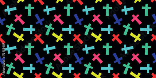 Seamless pattern with colorful crosses on a black background. Vector illustration