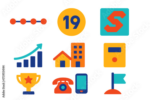Company History Icons. Flat vector icons of company history elements: timeline, founding year, old logo, growth chart, building