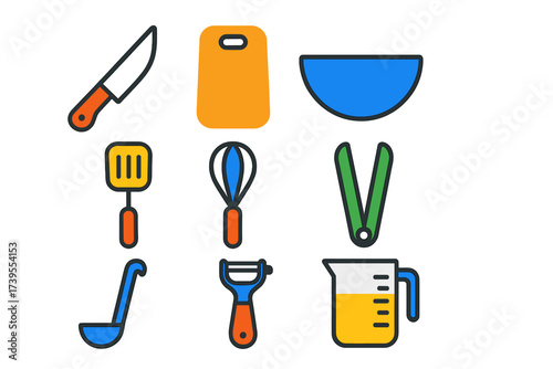 Vibrant Kitchen Icons. Flat vector icons of kitchen tools: knife, cutting board, mixing bowl, spatula, whisk, tongs, ladle, peeler