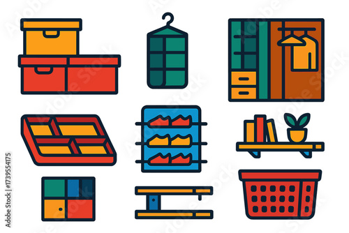 Flat Storage Icons. Flat vector icons of storage solutions: storage boxes, under-bed storage, hanging organizer, closet organizer,