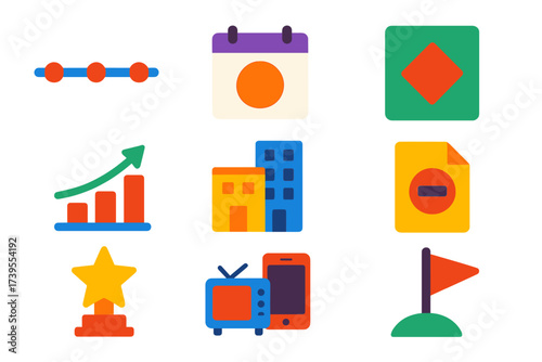 Company History Icons. Flat vector icons of company history elements: timeline, founding year, old logo, growth chart, building
