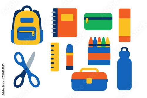 Colorful School Icons. Flat vector icons of school products: backpack, notebook, pencil case, ruler, crayons, glue stick, scissors