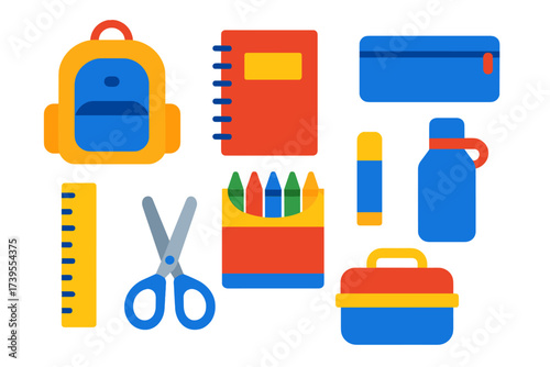 Colorful School Icons. Flat vector icons of school products: backpack, notebook, pencil case, ruler, crayons, glue stick, scissors