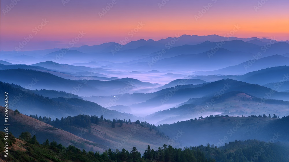 Fototapeta premium Majestic mountain range silhouettes against a vivid, colorful sunset sky, with layers of peaks fading into the distance, creating a serene and tranquil vista, with soft hues of blue and orange...