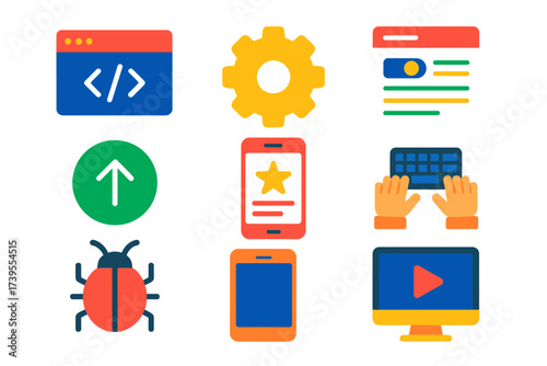 Tech Icons Collection. Flat vector icons of tech blog elements: coding post, gear settings, UI components, system update, app