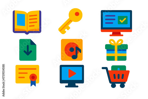 Vibrant Digital Product Icons. Flat vector icons of digital product shops: ebook icon, software key, online subscription,