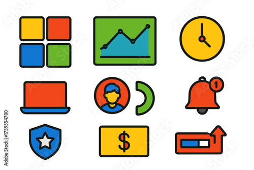 Modern Account Icons. Flat vector icons of account overview components: dashboard tiles, activity graph, last login time, device