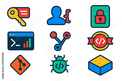Developer Tools Icons. Flat vector icons of developer accounts: API key icon, developer profile, app access icon, console