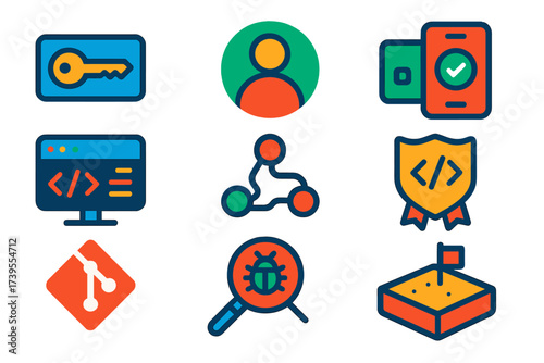 Developer Tools Icons. Flat vector icons of developer accounts: API key icon, developer profile, app access icon, console
