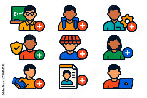 Colorful Role Registration Icons. Flat vector icons of registration for different roles: register as teacher, student sign-up,