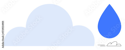 Large light blue cloud next to a blue water droplet with wind lines. Ideal for weather, nature, climate, environment, water cycle, sustainability, simple flat metaphor
