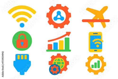 Vibrant Network Icons. Flat vector icons of internet and network settings: Wi-Fi icon, network gear, airplane mode toggle, VPN