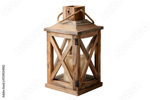 Rustic wooden lantern with glass panes, candle inside, rope handle, and cross bracing