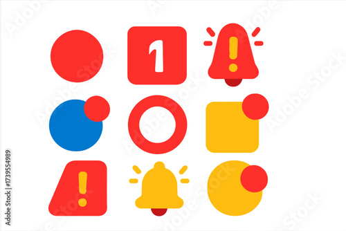 Modern Notification Icons. Flat vector icons of notification badges: red dot icon, number badge icon, animated alert badge, unread