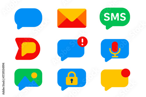 Vibrant Message Icons. Flat vector icons of message types: chat bubble icon, email message, SMS icon, direct message icon,