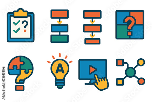 Modern FAQ Icons. Flat vector icons of visual FAQ representations: checklist with question, info flowchart, step-by-step guide