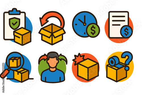 Bright Refund Icons. Flat vector icons of return and refund FAQ: return policy icon, how to return product, refund timeline icon,