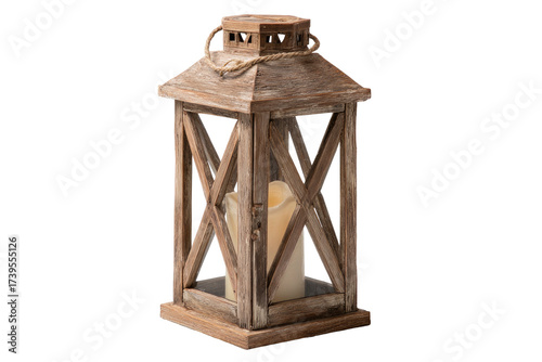 A rustic, wooden lantern with an X-frame design, rope handle, and lit candle inside