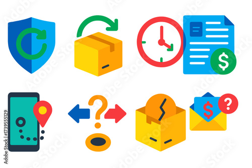 Bright Refund Icons. Flat vector icons of return and refund FAQ: return policy icon, how to return product, refund timeline icon,