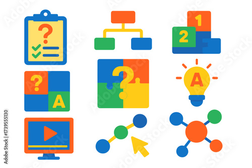 Modern FAQ Icons. Flat vector icons of visual FAQ representations: checklist with question, info flowchart, step-by-step guide