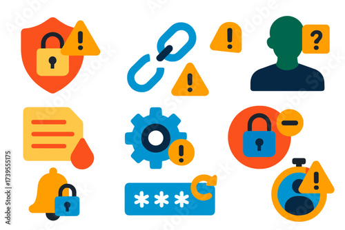 Privacy Alert Icons. Flat vector icons of privacy alerts and notifications: privacy breach alert, secure connection lost icon,