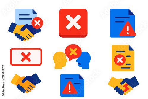 Rejection Icons Set. Flat vector icons of terms rejection and issues: declined agreement icon, cancel terms button, error on