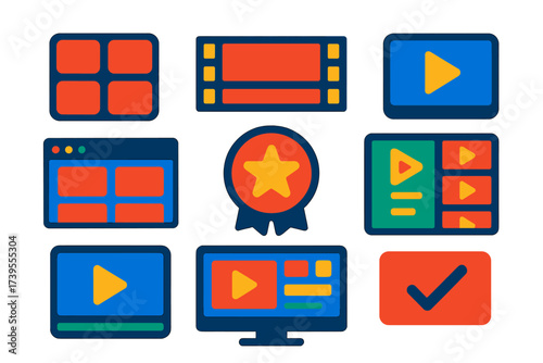 Modern Video Icons. Flat vector icons of video galleries: video thumbnail grid, film strip icon, video frame with play button,