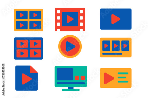 Modern Video Icons. Flat vector icons of video galleries: video thumbnail grid, film strip icon, video frame with play button,