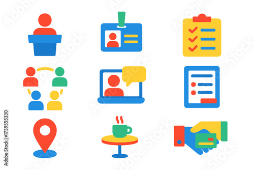 Corporate Event Icons. Flat vector icons of corporate and business events: seminar podium icon, name badge, meeting agenda icon,